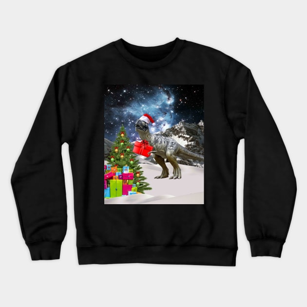 Christmas Dinosaur Santa In Space Funny Crewneck Sweatshirt by Random Galaxy